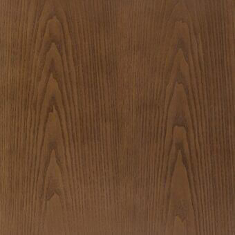 Ashwood texture sample, warm brown stain, exhibiting symmetrical undulating grain patterns with a matte finish and consistent tight wood grain.