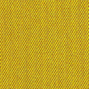 Kvadrat Steelcut Trio fabric texture, yellow woven grid pattern, dense circular elements, subtle tonal variations, durable material sample.