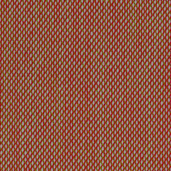 Repeating geometric pattern with yellow lines and gray circles on a red background, resembling woven fabric or perforated metal.