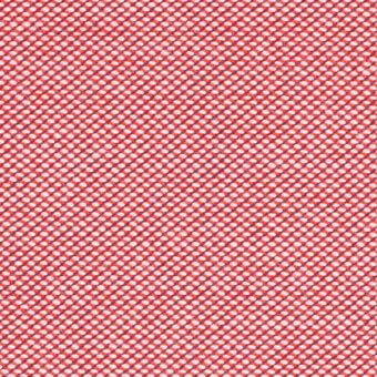 Coral-red woven textile with geometric pattern, off-white grid, and visible text “horm > kvadrat steelcut trio > steecuttrio3 0636” detail.