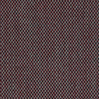 Kvadrat Steelcut Trio fabric texture, muted gray with red and teal speckles, dense circular woven grid pattern, Horm collection.