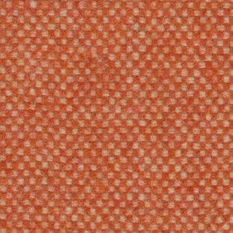 Woven fabric sample, muted orange wool texture, dense grid pattern with cream threads, matte finish, subtle speckled appearance, diffused lighting.