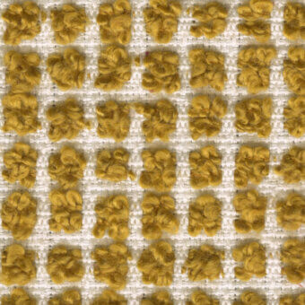 Textured fabric swatch with repeating mustard yellow tufted pattern on cream open-weave base, rectangular grid structure.
