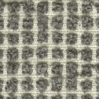 Textural grid pattern with light beige and gray tones, featuring looped pile rectangles creating a coarse, nubby, geometric textile surface.