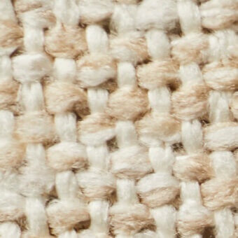 Woven textile sample, off-white and tan yarns, coarse grid pattern with visible knots, natural fiber texture, matte finish, product code imprint.