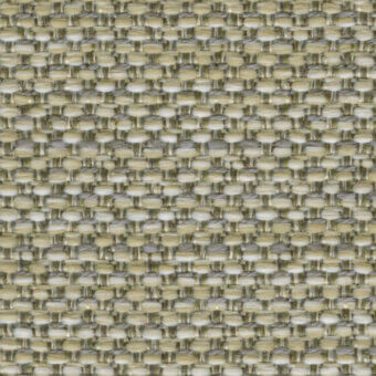 Textile sample, olive green woven fabric, dense circular node pattern with beige and gold metallic threads, grid-like structure, rigid texture.
