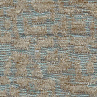 Woven fabric texture, warm beige and grayish-blue tones, irregular grid pattern with raised and flat weave, nubby surface, manufacturer detail.