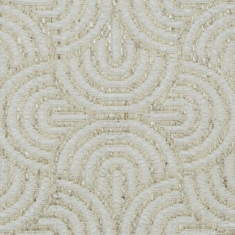Beige textile sample features swirling concentric lines in a floral pattern, woven texture, with “linterno l1669” design from horm’s nuance v2 collection.