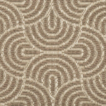 Woven texture sample, beige and cream tones, curvilinear pattern with metallic highlights and grid structure, stylized floral motifs.