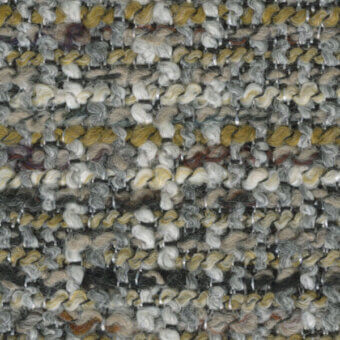 Woven tweed texture displaying gray, mustard, and beige tones with a grid pattern and nubby, looped fiber construction.