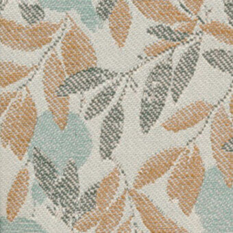 Stylized leaf and branch textile pattern in teal, orange, and olive green on beige; digitally printed fabric with woven texture.