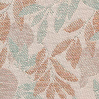 Floral textile pattern in terracotta orange and seafoam green with woven diagonal texture, labeled “torrilana 810 002” by horm nuance v2.