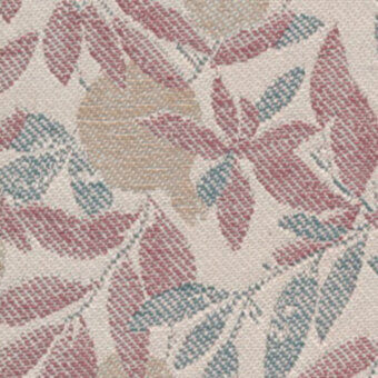 Textile pattern with stylized red and teal foliage on cream, featuring linear striped leaves and circular shapes, woven with a textured effect.