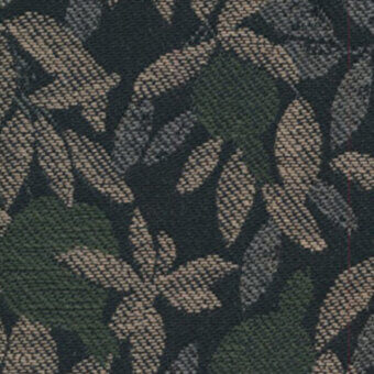 Woven textile pattern with stylized leaf shapes in muted greens, grays, and tan, featuring red and gray edges; torrilana 810 030.
