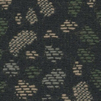 Woven fabric texture, dark gray base with speckled pattern of beige, olive, and off-white threads, dense irregular shapes, slightly coarse surface.