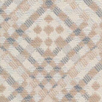 Geometric textile pattern in off-white, taupe, and blue-gray, featuring interlocking diamonds and squares; labeled “torrilana 813 001” by horm.