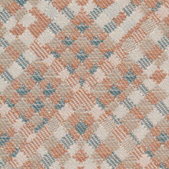 Muted plaid textile pattern in beige, dusty blue, and terracotta orange with a textured weave and irregular intersecting lines.