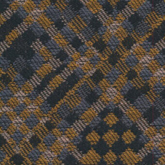 Plaid textile pattern in charcoal gray, mustard yellow, and blue-gray with intersecting lines, woven texture, labeled “torrilana 813 037.”