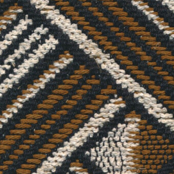 Woven textile sample, navy blue and golden-brown, with irregular diagonal stripes and a tactile, raised surface; pattern designation visible.