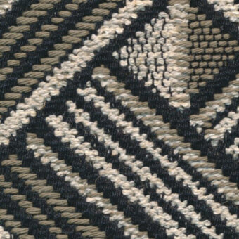 Textured fabric pattern, charcoal and beige weave, diagonal geometric shapes, dense construction, muted color palette, studio lighting.