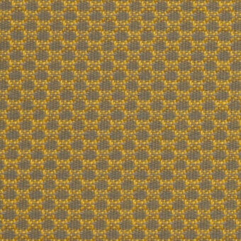Outdoor textile pattern in muted mustard yellow and gray-brown, featuring woven circular motifs on a grid, identified as horm flukso clouds openair 407.