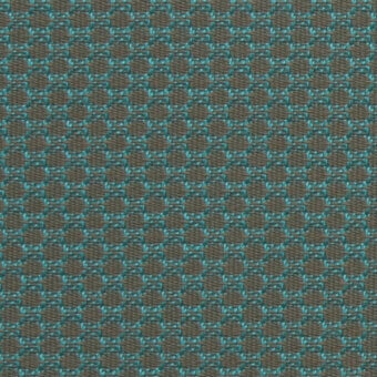 Woven textile sample, brown and turquoise, features a grid pattern with circular openings and a tight, uniform weave.