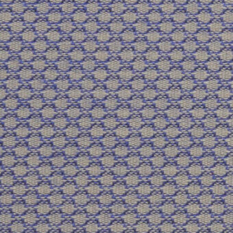 Beige textile sample with repeating circular nodes, blue accents, and woven grid pattern; includes text “horm > outdoor flukso clouds openair > 414 openair.”
