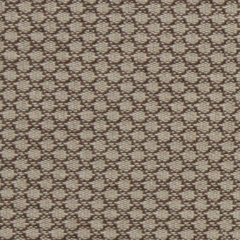 Beige and brown geometric fabric sample displays a woven quatrefoil pattern, with visible texture and subtle tonal contrast; includes text “416 openair”.