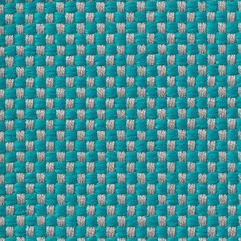 Textile sample with repeating turquoise and gray rectangular blocks in a dense, matte weave; features manufacturer details “vescom samar 7052”.