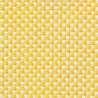 Woven textile sample, yellow and white fibers, tight grid pattern with horizontal and vertical threads, matte finish, Vescom Samar 7052.