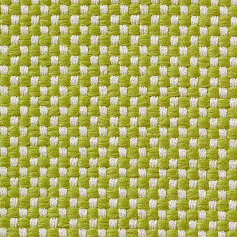 Woven textile sample, light green and off-white, repeating square block pattern with a dense, matte finish; Vescom Samar 7052.