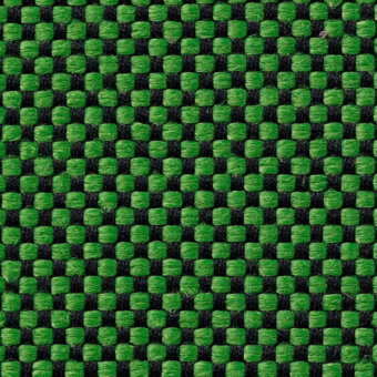 Checkerboard textile with green and dark gray woven threads, dense grid pattern, matte finish, synthetic fiber, geometric design, sample swatch.