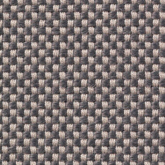 Textile sample, dark gray and light beige, grid weave with square motifs; synthetic fiber, matte finish, neutral tone, Vescom Samar 7052.