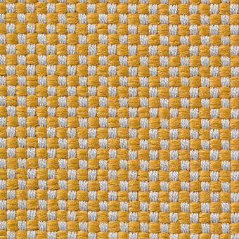 Woven texture sample, mustard yellow and off-white, tight grid pattern with subtle sheen; Vescom Samar 7052 fabric detail.