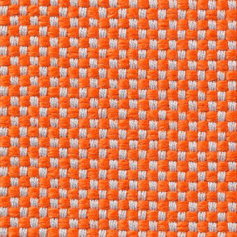 Woven fabric texture with repeating square pattern in orange and light gray, displaying a tight grid weave and subtle printed text.