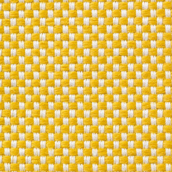Woven textile sample, mustard yellow and off-white, with a tight grid pattern and matte finish; features product code text.