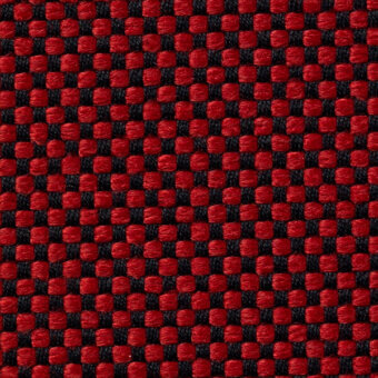 Red and black woven textile sample with a grid pattern, displaying Vescom Samar 7052 30 labeling and a textured, slightly raised surface.
