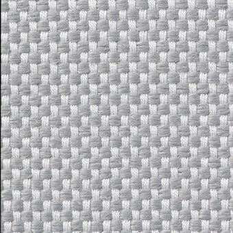 Woven textile sample, muted gray, grid pattern with rectangular motifs, matte finish, dark gray border, product code text visible.