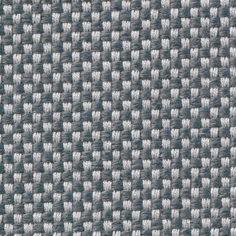 Woven textile sample, gray and teal, square grid pattern with visible text “horm > vescom samar 7052 37” in lower left corner.