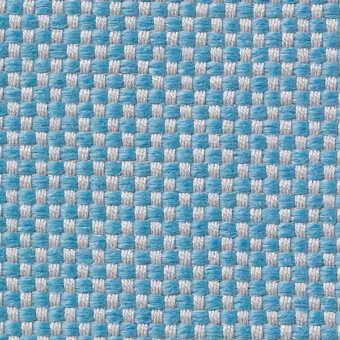 Woven textile sample, turquoise and light gray, repeating square block pattern; Vescom Samar 7052 40 collection, matte finish.