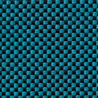 Woven textile texture, teal and black threads, geometric grid pattern with square openings, coarse weave, Vescom Samar 7052 41 sample.