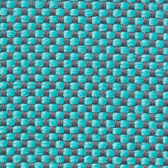 Textile sample with turquoise and dark gray checkerboard weave, dense matte fabric, visible texture, manufacturer label Vescom Samar 7052 46.