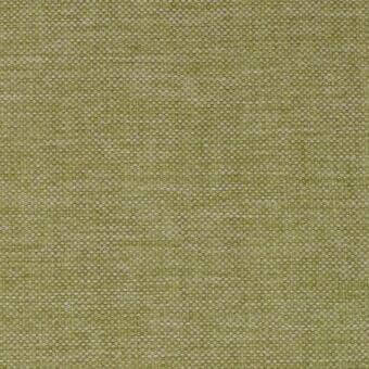 Woven fabric sample in muted yellowish-green with a dense, small-scale grid pattern; textured surface for upholstery or drapery.