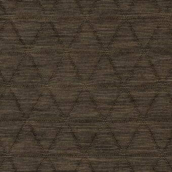 Geometric fabric sample, dark brown and copper, features repeating triangular pattern with woven texture and metallic sheen from Lacividina collection.