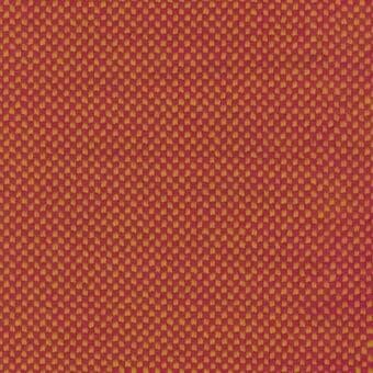Geometric fabric sample with a diagonal grid of square motifs in rose-red and mustard yellow, featuring a textured, nubby weave.
