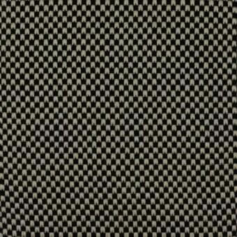 Woven fabric sample, charcoal gray and beige, exhibiting a consistent square check grid pattern with a dense, textured weave and product label.
