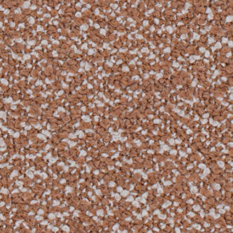 Fabric texture sample, brown and off-white, granular pattern with irregular particles and a matte finish, labeled "lago > vellus (fabric c) > v09".