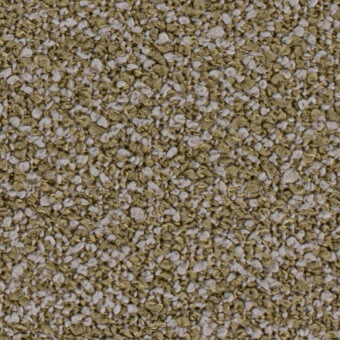 Fabric texture sample, olive-green and off-white, dense granular surface with irregular rounded and angular particles, matte finish.