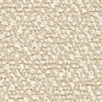 Woven fabric texture, creamy off-white and beige, irregular looped weave with nubby elements and a matte finish, label visible.