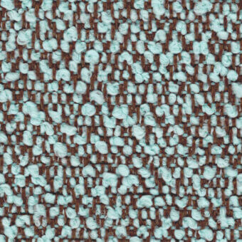 Woven textile sample, brown and light blue yarns, dense irregular pattern with nubby loops, vertical linear structure, speckled texture.
